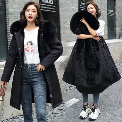 Thiened Fce Women's Cotton Jaet Korean Sle Slim Fit Mid-Length Parka Coat Warm Casual Outerwear for Winter Season