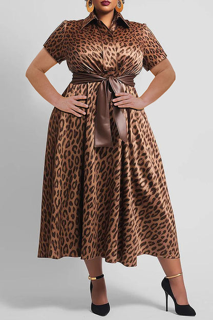 Women's Plus Size Leopard Printed Dress Large Lapels Short Sleeves Loose Elegant Belt Dresses 2025 Summer Female Casual Vestidos