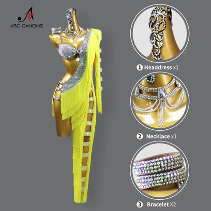 Womens Latin Dance Dress Midi Stage Clothes Elegant Prom Line Tassel Costume Girl Sport Suit Samba Party Practice Wear Customize Badiee Stylez