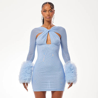 2025 Autumn Furry Patchwork Dress Women See Through Full Sleeve Sexy Hollow Cross Elegant Luxury Banquet Birthday Party Clubwear Badiee Stylez