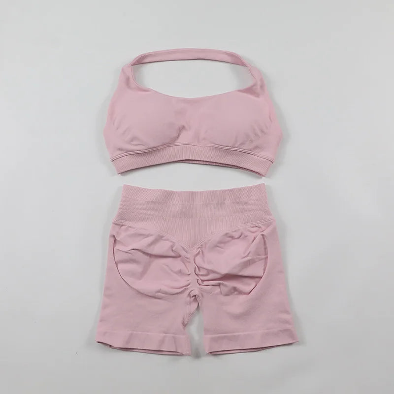 Fitness Shorts Sets Seamless Yoga Set Women 2Pcs Halter Sports Bra Scrunch Butt Gym Shorts Set Workout Clothes Summer Sportswear Badiee Stylez