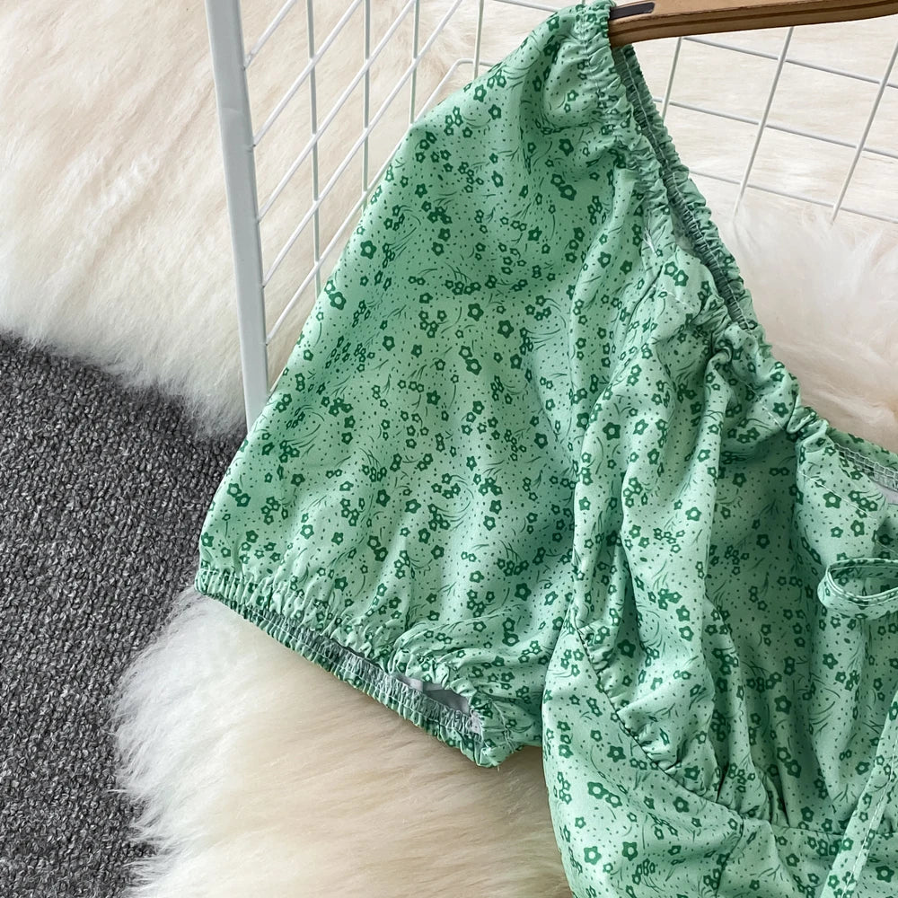 Summer Vintage Dress Blue Floral Summer Bubble Sleeve Tie Up Sexy Dresses Women A-line Print Split Long Dress Elegant Vestidos