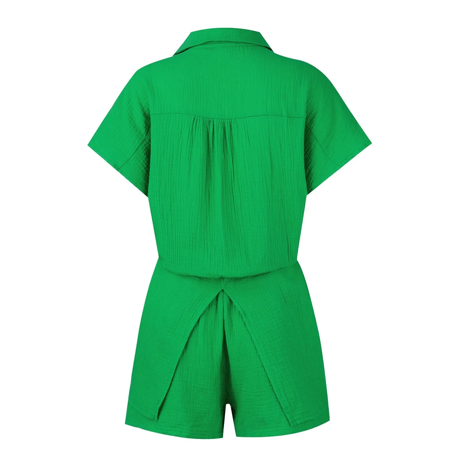 Summer cotton and linen solid color shirt short sleeved casual shorts set