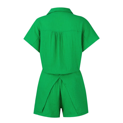 Summer cotton and linen solid color shirt short sleeved casual shorts set