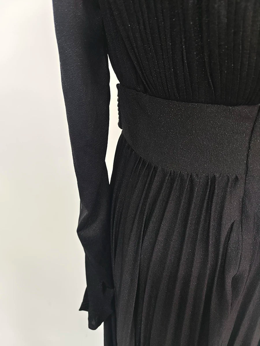TWOTWINSTYLE Solid Spliced Belt Slimming Dresses For Women O Neck Long Sleeve High Waist Temperament Long Dress Female Clothes