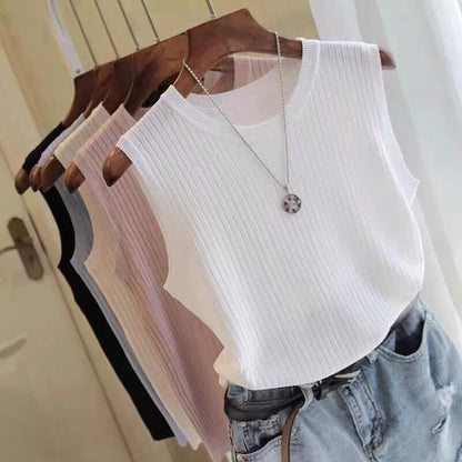 Summer Women Knitted Loose Sweater Vests Sexy O-Neck Sleeveless Knitwear Tank Tops YRFZ-N6634
