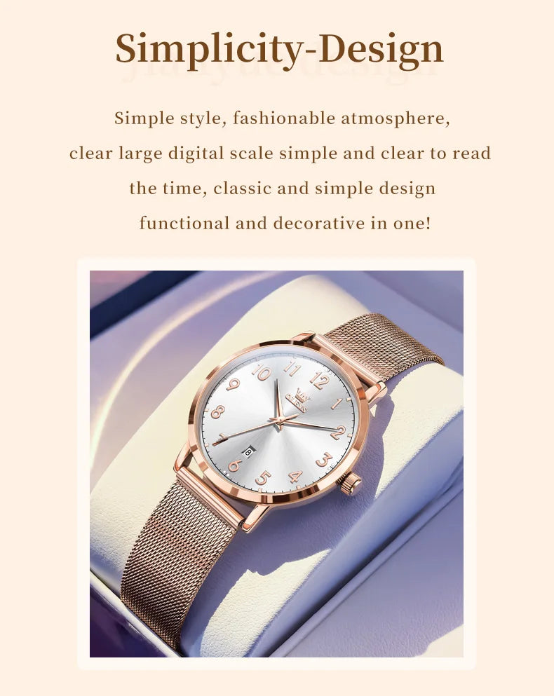 OLEVS New 5653 Woman Watch Elegant Rose Gold Mesh Steel Strap Ladies Watches Digital Dial Simple Fashion Quartz Watch for Women