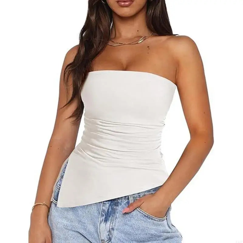 920L Strapless Ruched Asymmetrical Tube Top for Women Off Shoulder Bandeau Shirt Solid Color Side Split Fit Top White CHINA