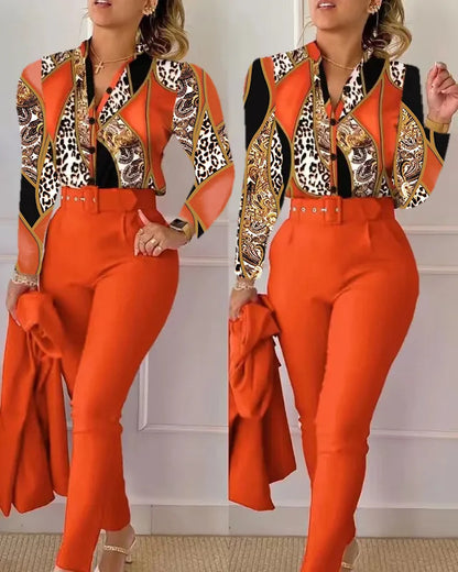 Elegant Women Printed Two Piece Suit Sets Spring Autumn V Neck Long Sleeve Shirt Top & Long Pants Set With Belt Workwear Outfits