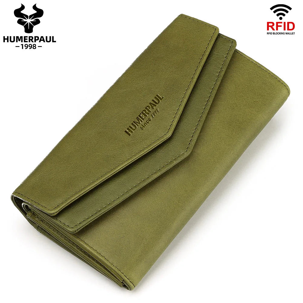 HUMERPAUL Women' s Wallet Top Layer Leather Long Cell Phone Bag with RFID Card Holder Large Capacity Luxury ﻿Ladies Handbags Green