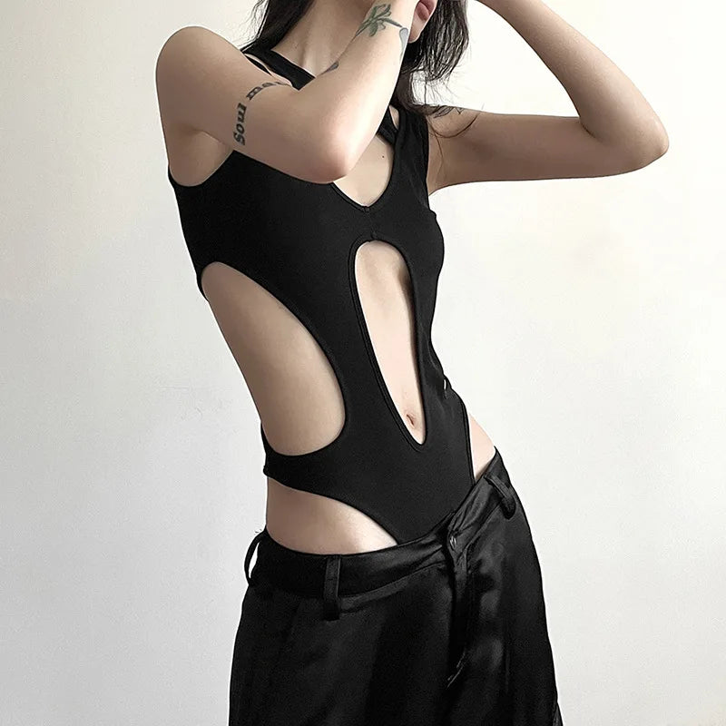 Gothic tops Y2k clothes sexy spicy hollow out bodysuit nigh clubwearr ashion women's patchwork slim fitting jumpsuit top tees