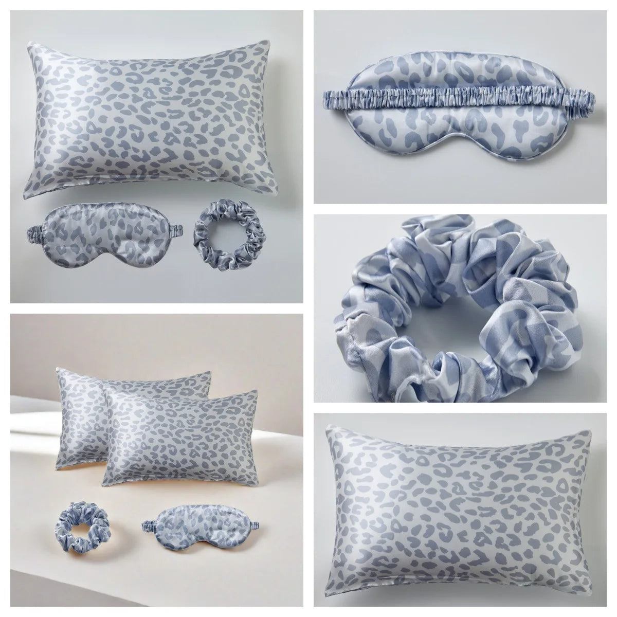 Leopard Print 4PCS Satin Sleep Set – 2 Pillowcases with Eye Mask and Hair Scrunchie for Nighttime Beauty Care and Travel Comfort Badiee Stylez