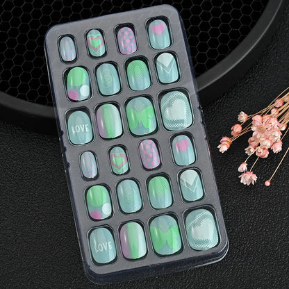 24Pcs Children Cartoon Nail Tips Colorful Cute Rabbit Pink Stars 6-14 Years old Girl Fake Nail With Jelly Glue Kids False Nail TD060-01