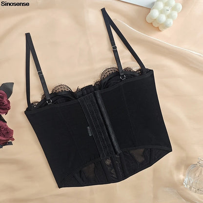 Women Lace Bustier Top Sexy Sheer Mesh See Through Spaghetti Strap Slim Camisole Y2K Going Out Night Club Party Corset Top