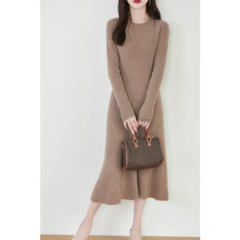 Women's Pure Wool Knitted Long Dress, Round Neck, Fishtail Skirt, Slim, Elegant, Casual, Fashionable, Sweater, 2024Autumn/Winter Badiee Stylez