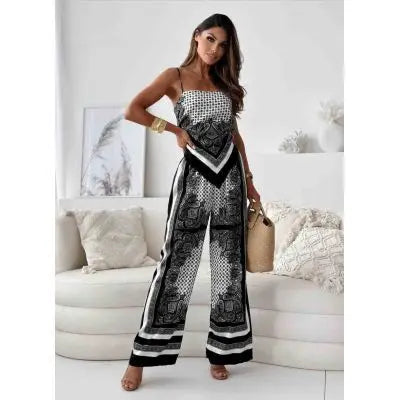 Summer New Women's Fashion Printed Sleeveless Strap Wrap Chest Sexy Strap Open Back+Positioning Flower Pants Set Two Piece Set black