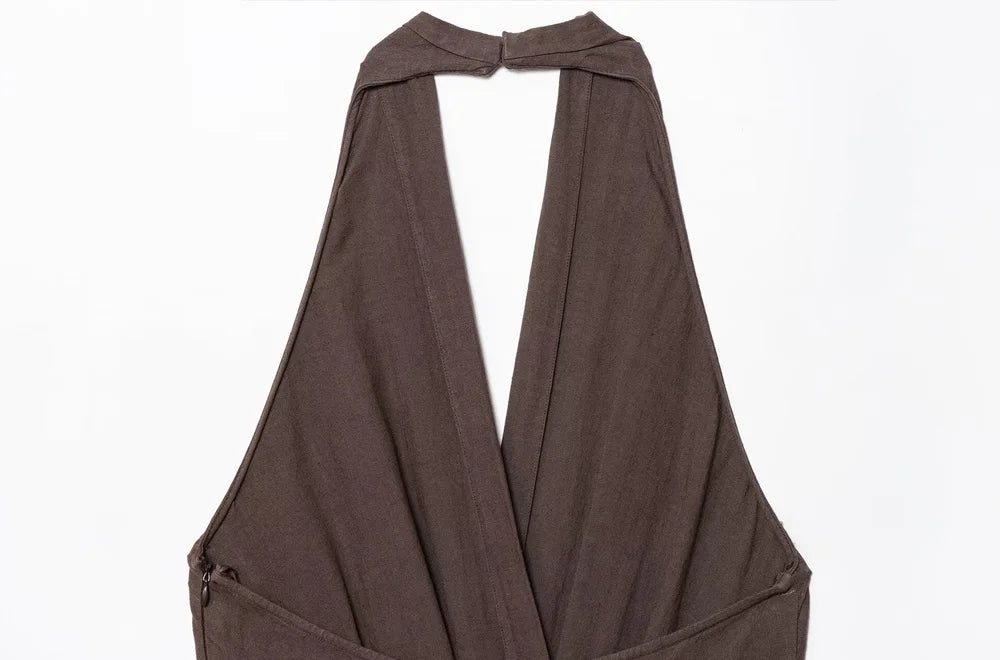 TRZA Women's Fashion Halter Neck Jumpsuit Backless Side Zipper Playsuit Buckle Detail Female Clothing