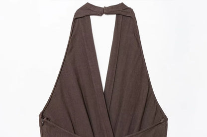 TRZA Women's Fashion Halter Neck Jumpsuit Backless Side Zipper Playsuit Buckle Detail Female Clothing