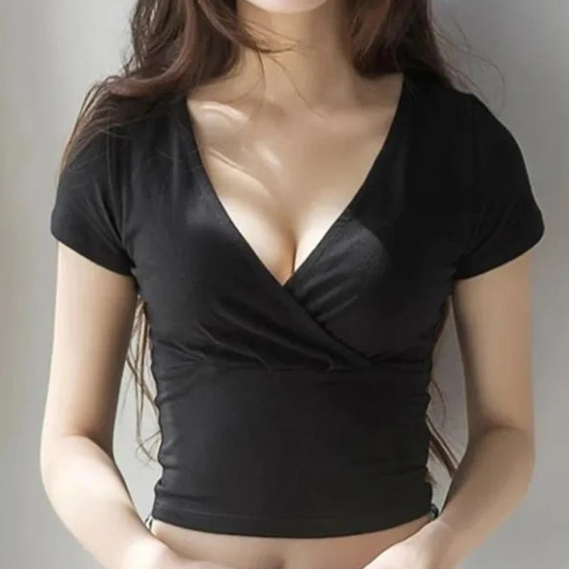 Summer Sexy Women Slim Crop Top Tees T Shirt Low Cut Short Sleeve Solid Female Teenage Girls Femmes T-Shirt Cross Wrap