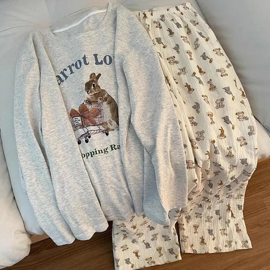 Spring and Autumn New Ladies Ins Style Pajamas Homewear Set Cartoon Girl Long-Sleeved Long Pants Korean Pajamas Homewear Set