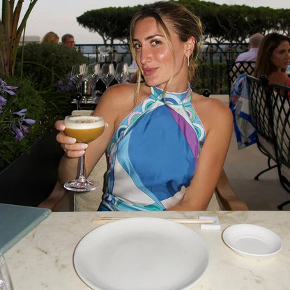 Summer Sexy Print Sleeveless Halter Shirt Skirt Two Piece Set Women Retro Pattern Print Satin Outfit Women Beach Holiday Clothes