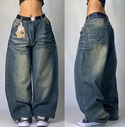 2000s Baggy Jeans Women New Harajuku Hip Hop Wing Print Oversized Jeans Gothic High Waist Wide Leg Pants Men Trousers Streetwear Badiee Stylez