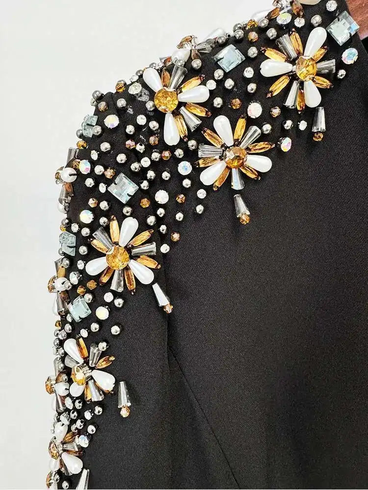 QMQA Fashion Women's Evening Dress Bead Diamond Spliced V Neck Long Sleeve High Waist Maxi Party Dresses 2025 Spring New QM324 Badiee Stylez