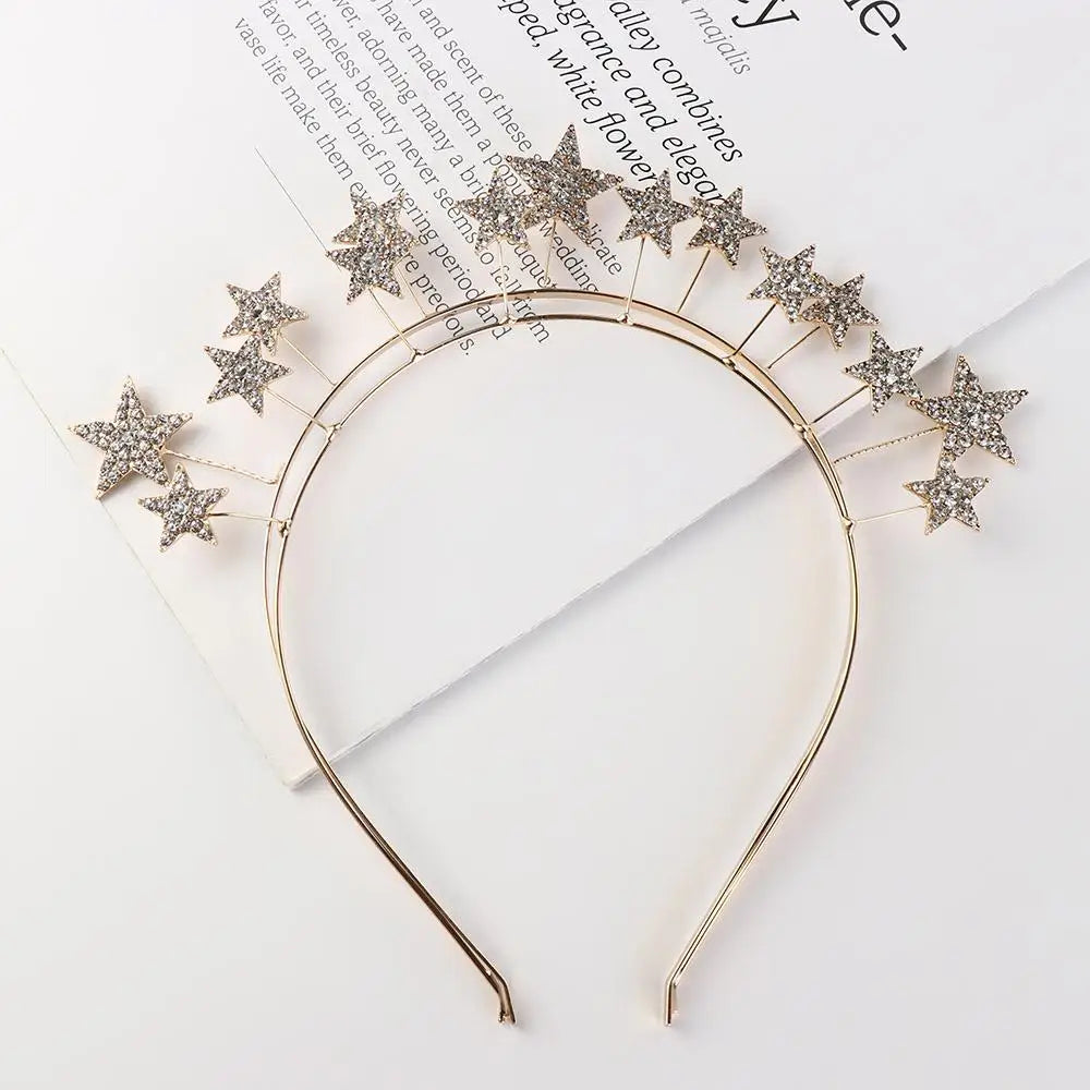 Exaggerated Metal Star Hair Hoop Silver bilayer Halo Crown Princess Bridal Hair Tiara Baroque Hairbands Head Jewelry