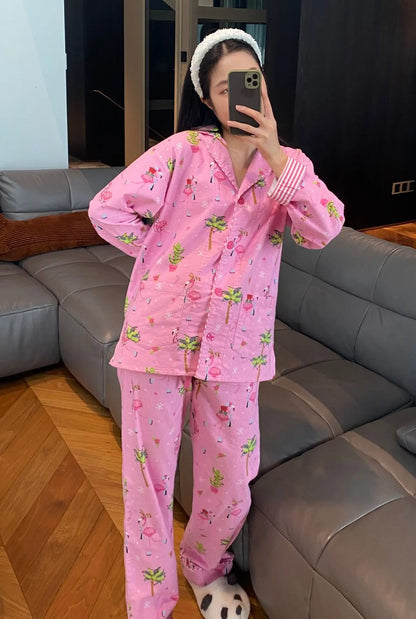 Women's Print Cotton Pajama Set Long Sleeve Autumn Winter Ladies Sleepwear 2 Pcs with Pant Single Breasted Pijama Suit Female