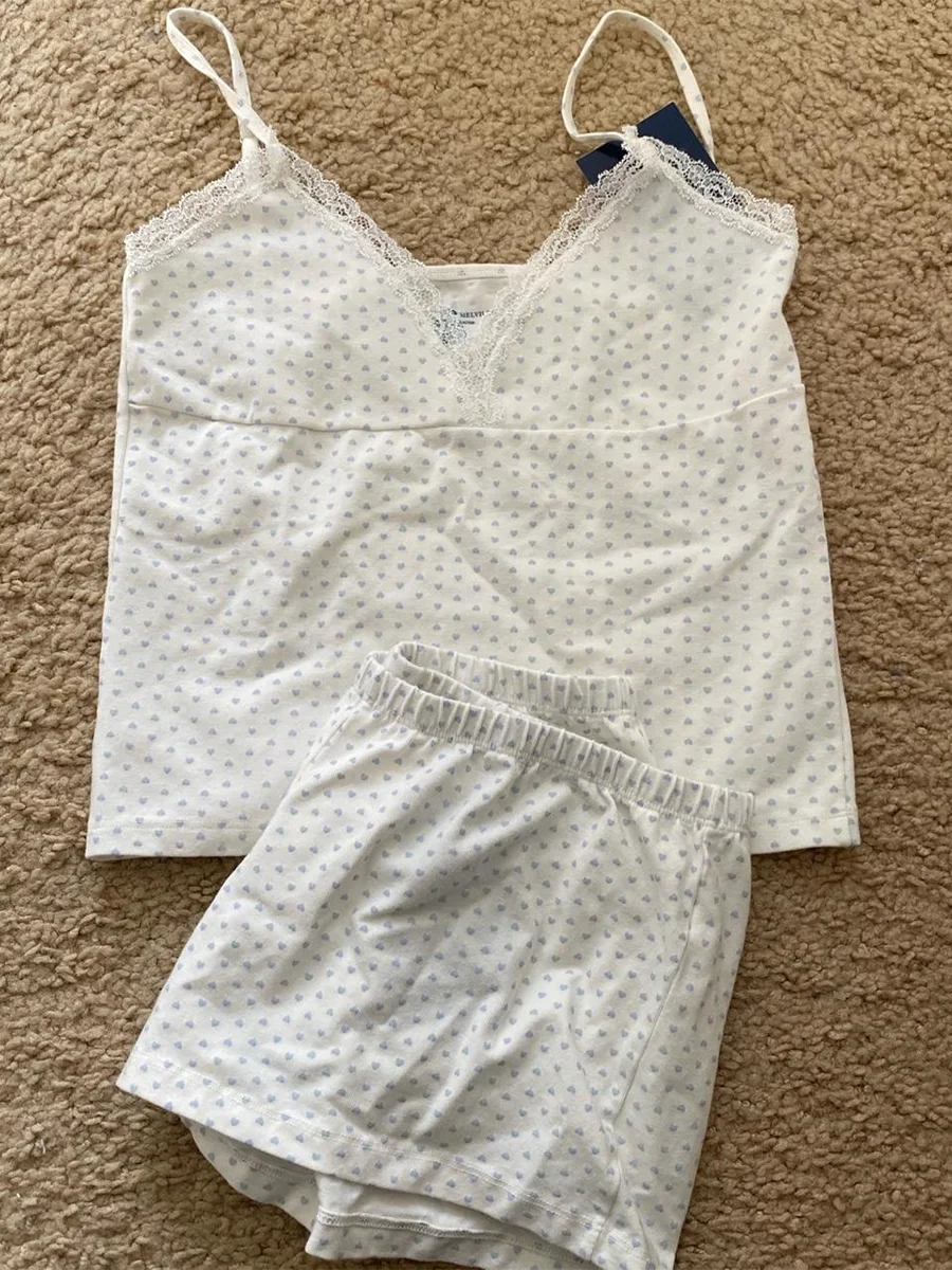 Blue Striped Tank Shorts Pajama Set Women Summer Sleeveless Crop Top+Elastic Waist Straight Short Pant Cotton Home 2 Piece Sets Blue heart set One Size