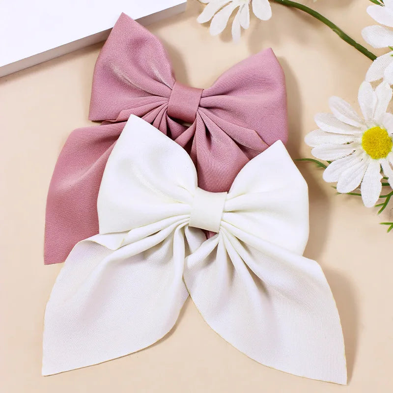 Solid Color Satin Bowknot Hair Clips For Girls Sweet Bow Women Hairpins Butterfly Barrettes Duckbill Clip Kids Hair Accessories 2pcs-Pink White