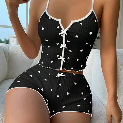 Y2K Cute Floral Print Ribbed Pajama Set Womens Cami Crop Top Shorts Two Piece Sleepwear Loungewear Set Lettuce Trim Bow Button black 1