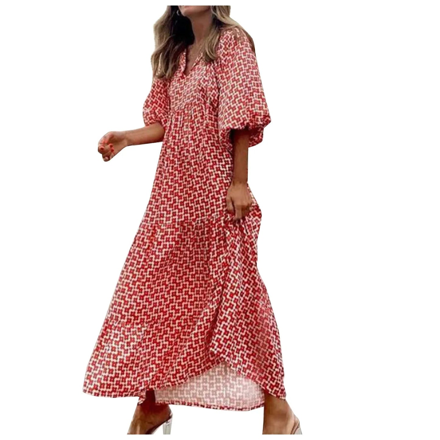 Puff Sleeve Boho Maxi Dress Elegant Women Summer 2022 Casual Floral Drawstring V-Neck Loose Holiday Beach Dresses Party Vestidos Badiee Stylez
