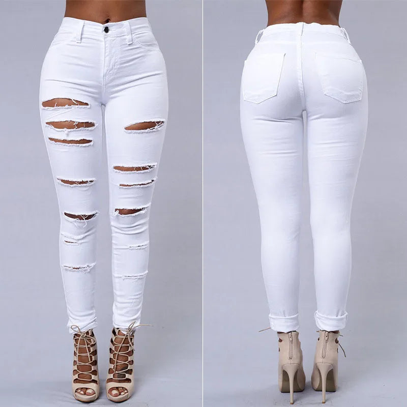 Fashion Stretchy Ripped Skinny Black Jeans Women Zipper Hollow Out Denim Jeans Casual Lady Street Bottoms