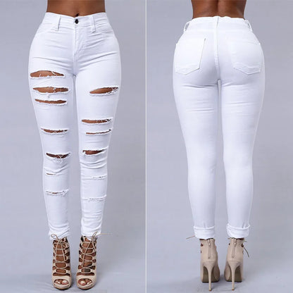 Fashion Stretchy Ripped Skinny Black Jeans Women Zipper Hollow Out Denim Jeans Casual Lady Street Bottoms