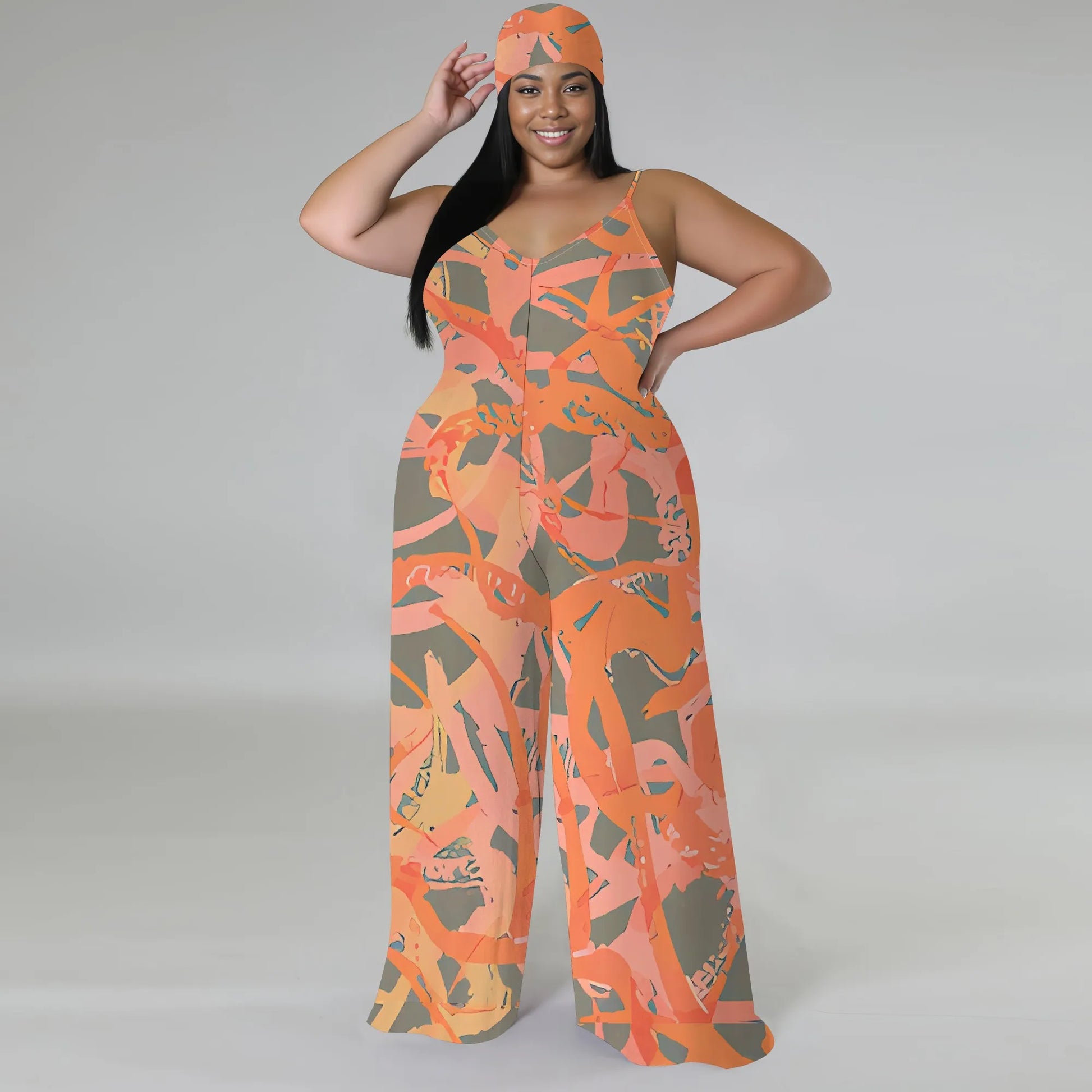 Plus Size Spaghetti Strap Jumpsuit Pink Yellow Abstract Print Wide Leg Summer Romper for Women