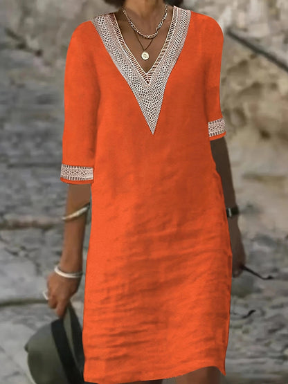 Chic Guipure Lace V-Neck Tunic Dress - Easy-Care, Knee-Length, All- Season Comfort with Stylish Hollow Details Badiee Stylez