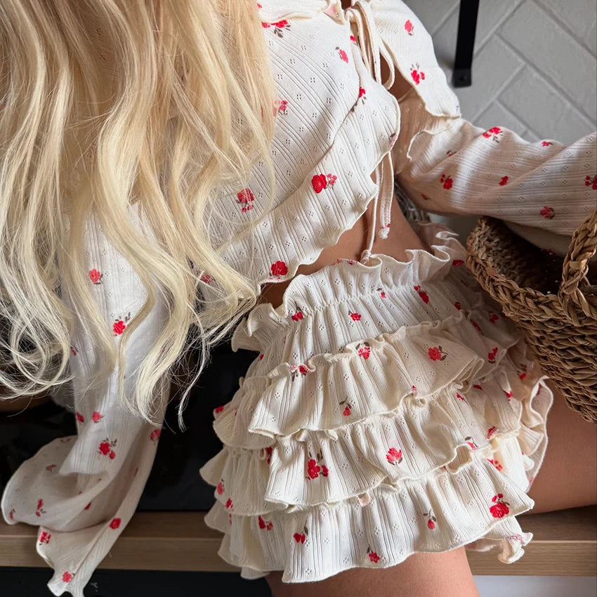 Hiloc Home Ruffles Cute Print Shorts Suits Pajamas For Women Summer Flare Sleeve Wrap Blouse With Elastic Waist Shorts 2 Piece