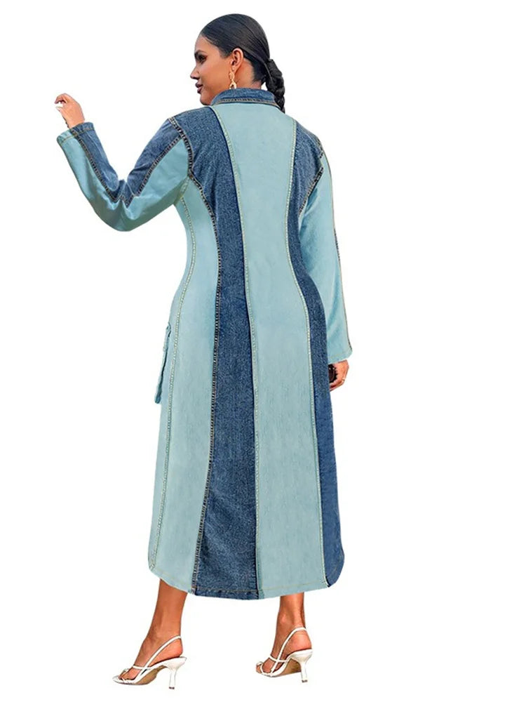 Wmstar Plus Size Denim Dresses Women Long Sleeve Casual Button Pockets Striped Maxi Dress Fall Clothes Wholesale Dropshipping