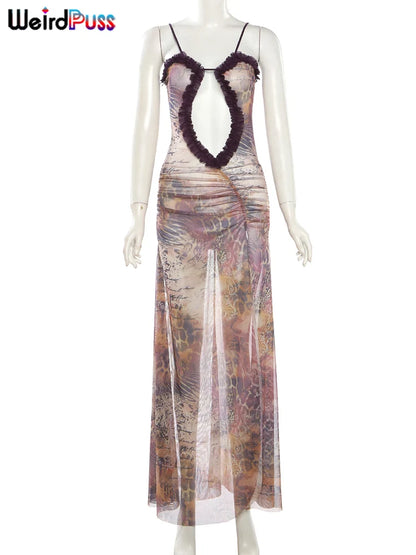 Weird Puss Side Split Women Dress Spaghetti Strap Halter Neck Edible Tree Fungus Hollow Out Sexy Evening Party Ladies Vestido