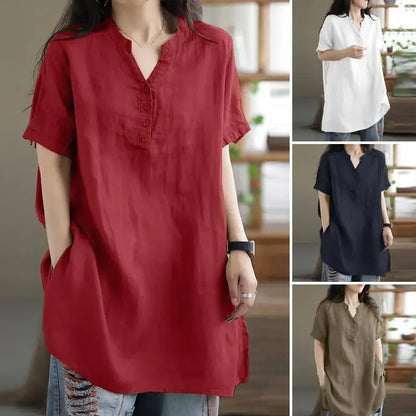2024 Summer Fashion Cotton and Hemp Women's Shirt Commuting Style Casual Half Open Short Sleeve Casual Shirt Top