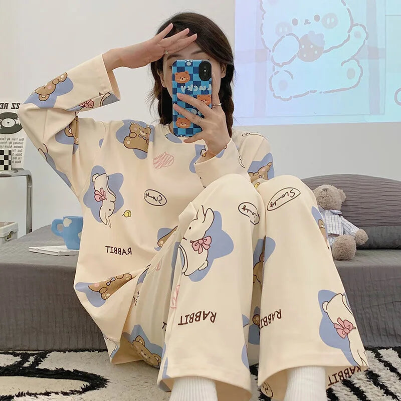 Women's Pajamas Two-Piece Casual Cute Comfortable Sleepwear Homewear Set Tops and Trousers Nightwear Lounge Wear Autumn Winter