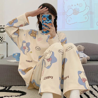 Women's Pajamas Two-Piece Casual Cute Comfortable Sleepwear Homewear Set Tops and Trousers Nightwear Lounge Wear Autumn Winter