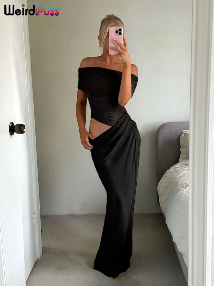 Weird Puss Ruched Irregular Dress Women Mesh Patchwork Slash Neck Short Sleeve Skinny Stretch Trend Elegant Long Bodycon Outfits black