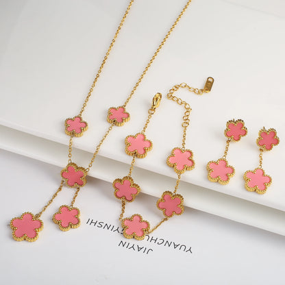 3Pcs Stainless Steel Hot Selling Gold Plated Clover Necklace Earrings Bracelet Jewelry Set Five Leaf Flower Jewelry For Women Jewelry Set 10