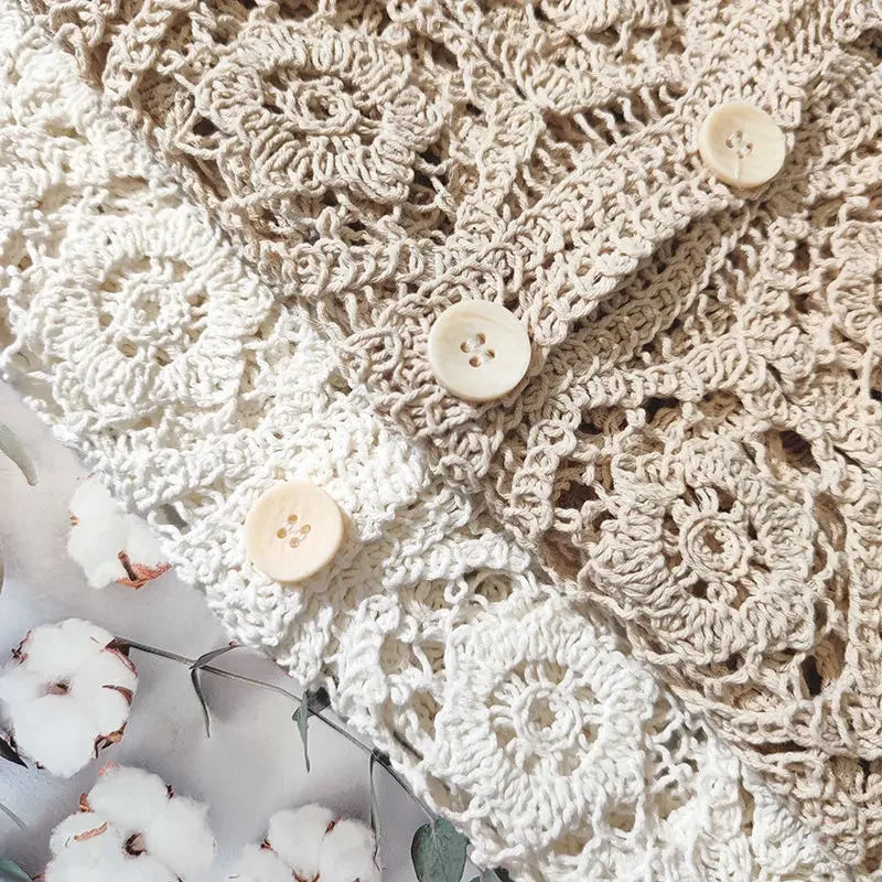 Lace Small Shawl Cotton Cardigan female 2023 spring and summer o neck long sleeve solid casual Versatile Hollow Cardigan Female