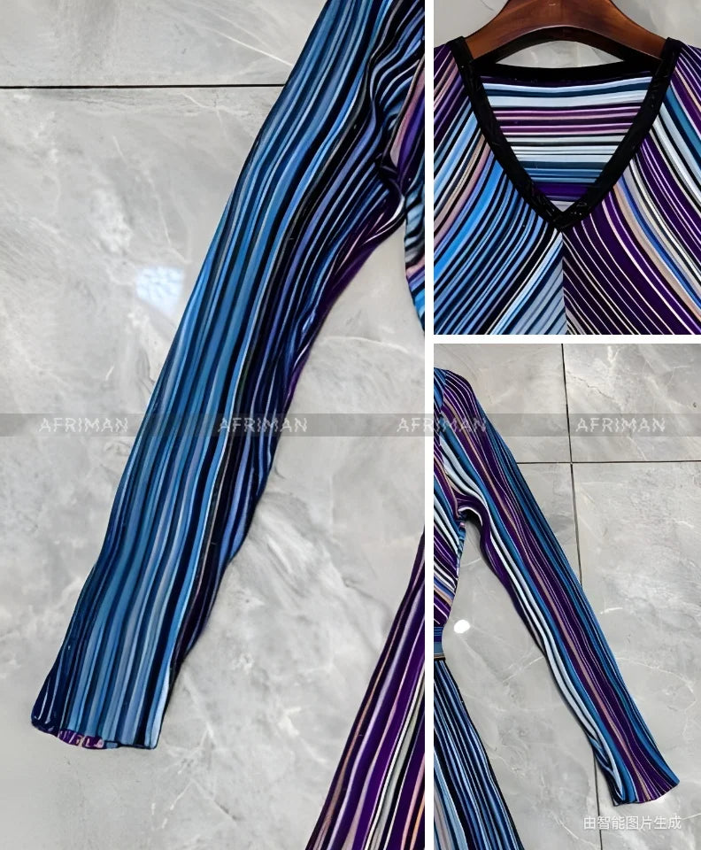 Women V Neck Long Sleeve Bright Silk Color Mosaic Stripe Waist Temperament Long Knitted Dress Badiee Stylez