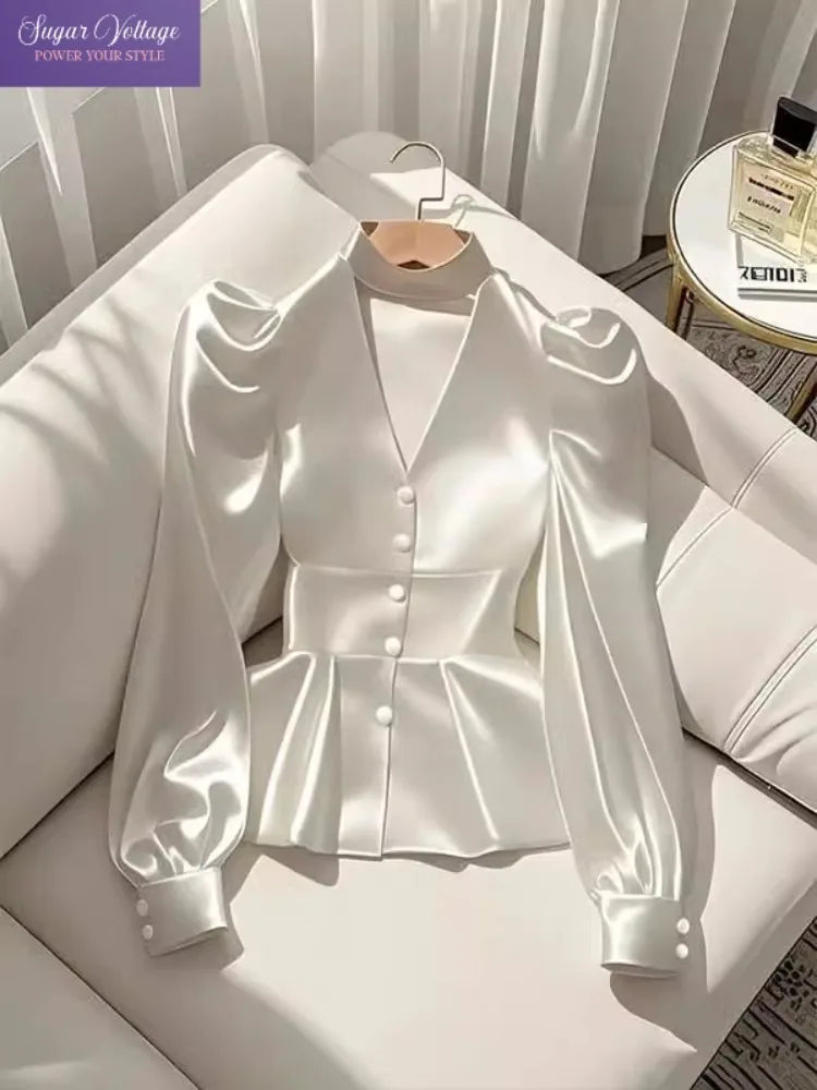 French Elegant Women's Shirt Luxury Waist Cinched White Satin Long Sleeve Shirt for Women Temperament Women's Elegant Blouses
