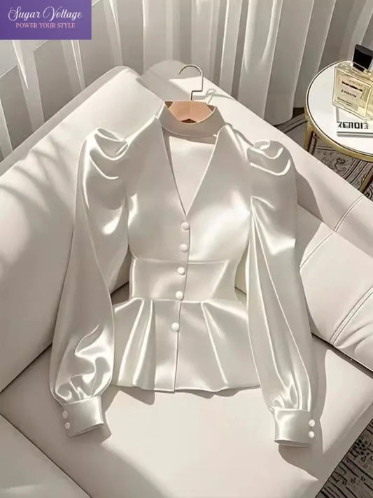 French Elegant Women's Shirt Luxury Waist Cinched White Satin Long Sleeve Shirt for Women Temperament Women's Elegant Blouses