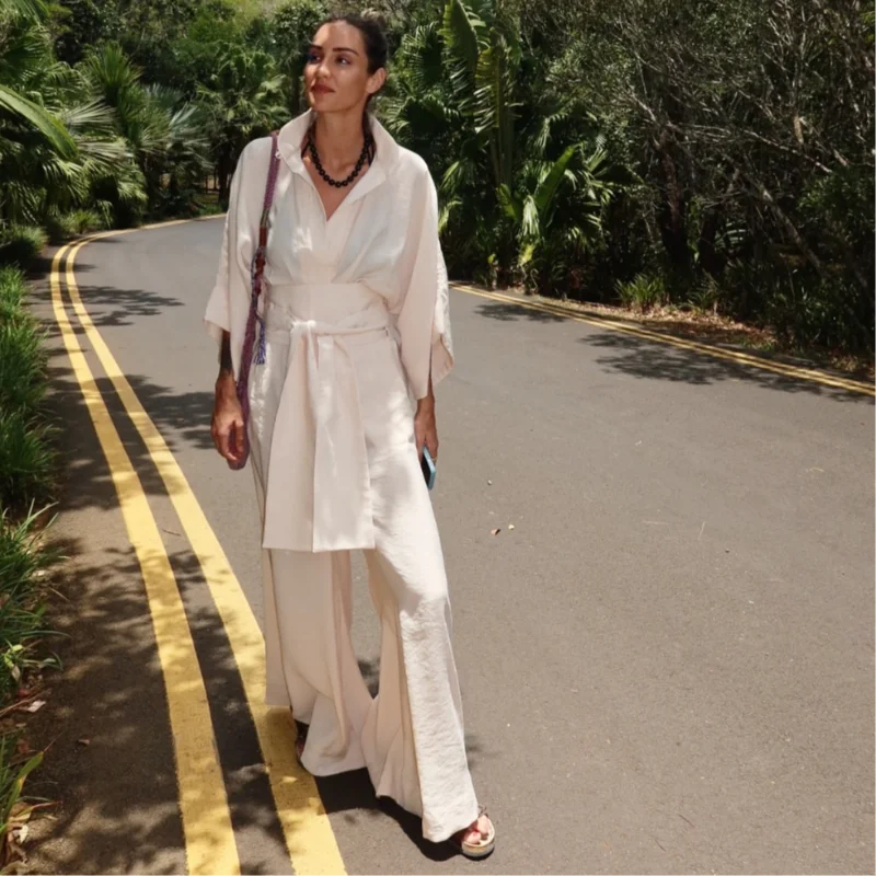 Linen Lace Up Women's Jumpsuit High V-neck Full Sleeve Top Loose Straight-leg Pants 2025 Summer Chic Female Casual Streetwear